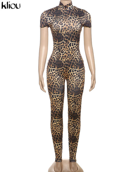 kliou Sexy Printed Women Jumpsuits Fashion New Back Hollow Full Sleeve Stand Collar Slim Overalls Female Midnight Party Clubwear