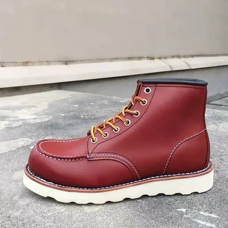 Men's Goodyear-Welted Vintage Genuine Leather Mid-calf Motorcycle Boots Round toe Casual Punk Dress Boots Work Shoes Western Red