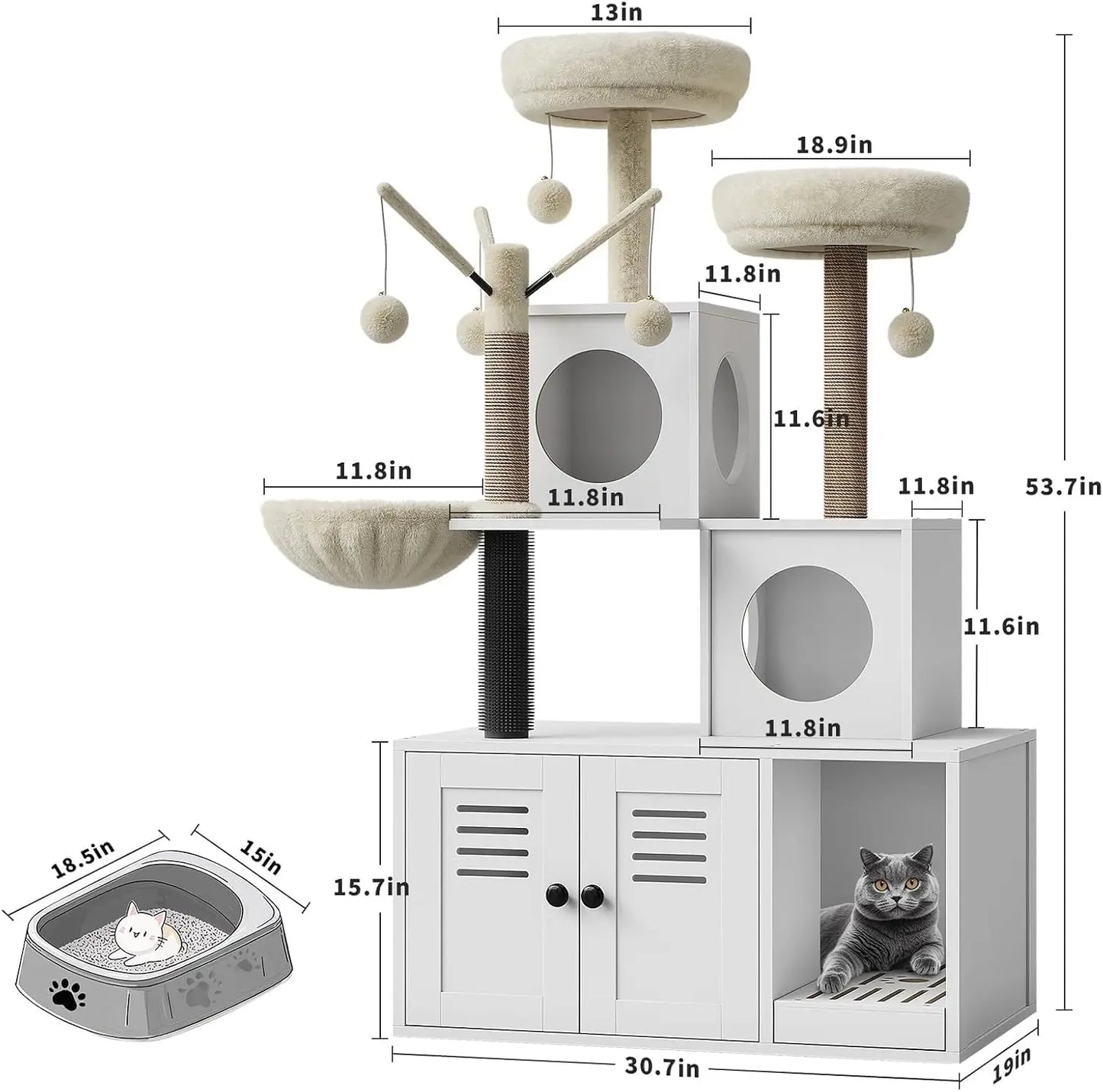 Garvee Large Cat Tree and Tower for Indoor Cats With Hidden Washroom Cabinet,Post,Perch&Brush Spacious Hammock Padded Perches and Condos Cat Toys