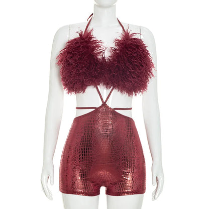 Sexy Bikini Top Jumpsuits 2026 Summer Fashion Clothes Women One Piece Elegant Luxury Bodycon Club Party Fur Metallic Jumpsuits