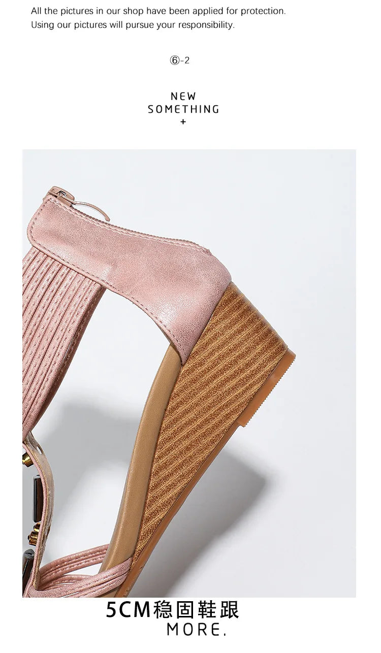 High quality leather flat sandals for women 5cm mid heel beading summer 2026 36 43 open toe casual vintage shoe pink white beige