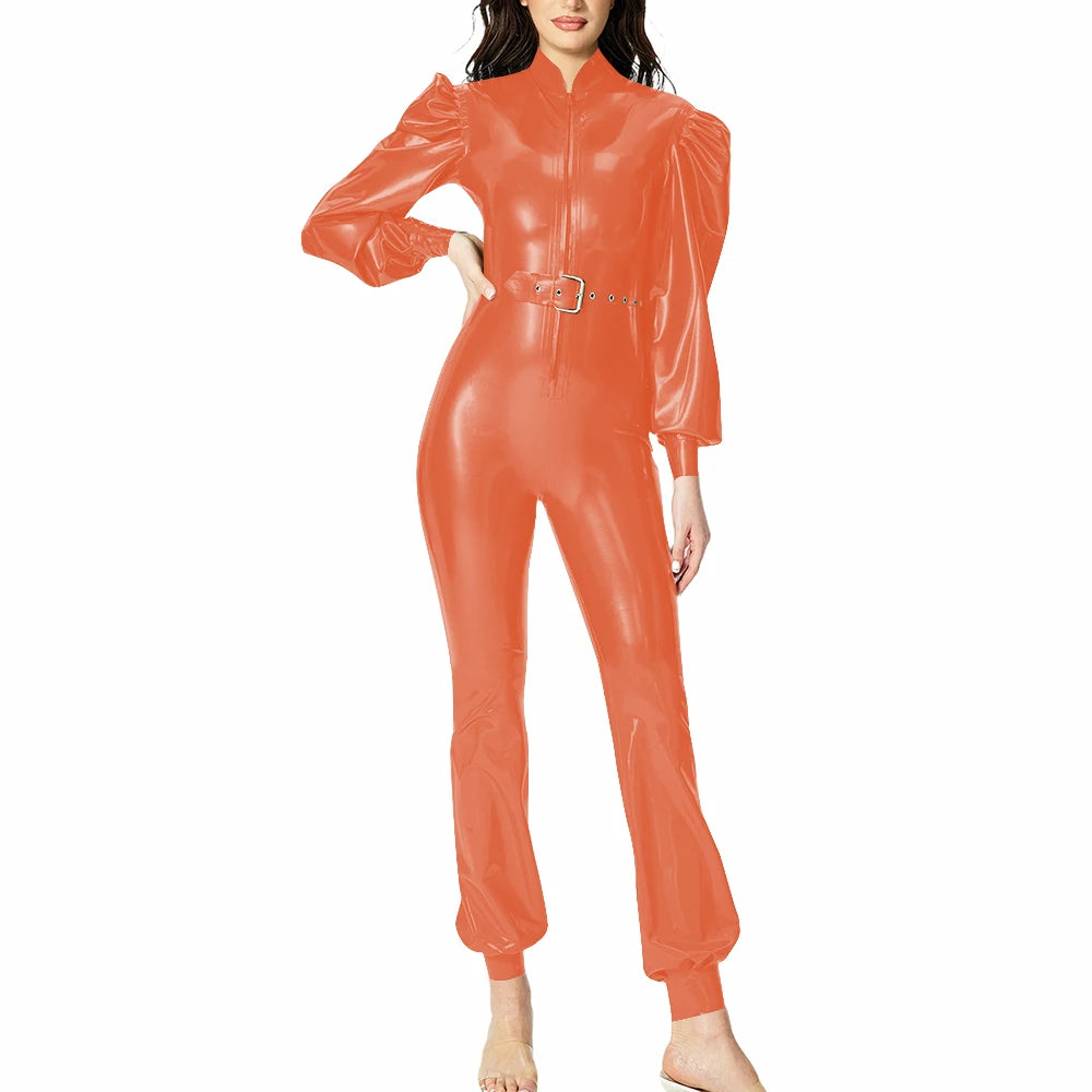 Plus Size Fashionable PVC Patent Leather Jumpsuit for Women Latex-look Clubwear Stand Collar Belt Puff Long Sleeve Slim Rompers