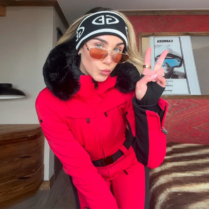Chic Faux Fur Patchwork Women's Ski Jumpsuit High Wait Belt Zippers Pocket Lady Ski Wear 2025 Winter Spring Female Romper