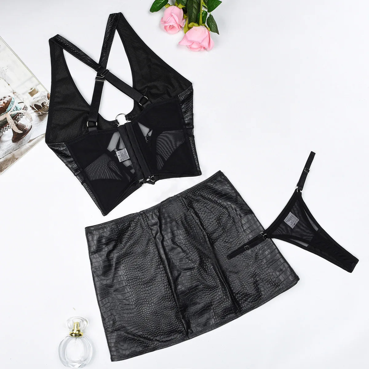 Sexy Short Mini Skirts Sets for Women 2 Pieces Leather Outfit Lace Up Cross Bra Coquette Youthful New in Matching Sets