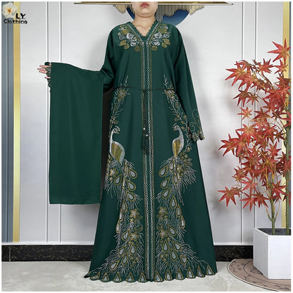 New Style Fashion Dubai Muslim Women Dress Elegant Arabic Femme Hijab Long Sleeve Chiffon Diamond Abaya Islamic Turkey Clothing