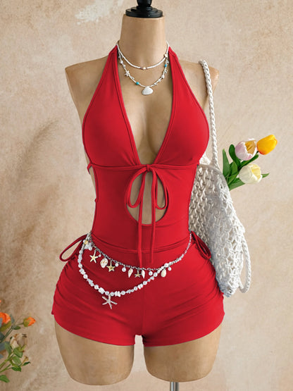 American-Style Spicy Girl Red One-Piece Jumpsuit, Halter Neck, Deep V, Backless, Tie-Waist, Slimming, Short Beach Vacation Jumpsuit