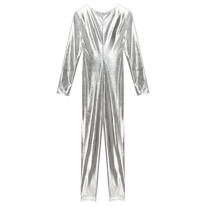 Womens Metallic Shiny Bodysuit Clubwear Long Sleeve Slim Fit Full Body Jumpsuit Nightclub Rave Party Musci Festival Costumes