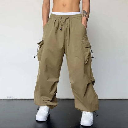 American High Street Summer Loose Straight Parachute Pants Men Solid Elastic Waist Pocket Casual Motion Wide Leg Cargo Trousers