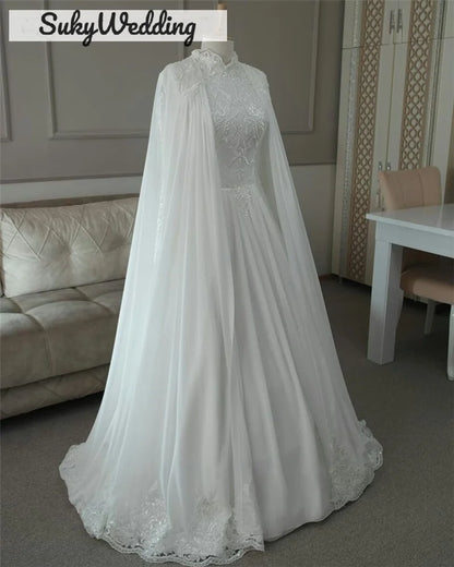Muslim Arabic Wedding Dresses With Cape Lace Appliques Sequines High Neck Dubai Princess Bride Wedding Dress Customized