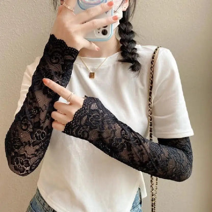 Women Summer Ice Silk Lace Arm Sleeve Elastic Sleeve Driving Gloves Black White Long Fingerless Mittens Sunscreen Gloves