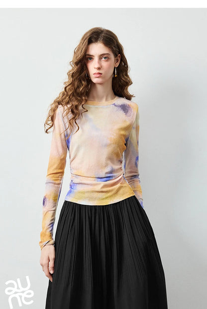 TOYOUTH Women's Sheer Second Skin Base Layer Top 2026 Fall Slim Fit Mongolian Print Nomadic Style