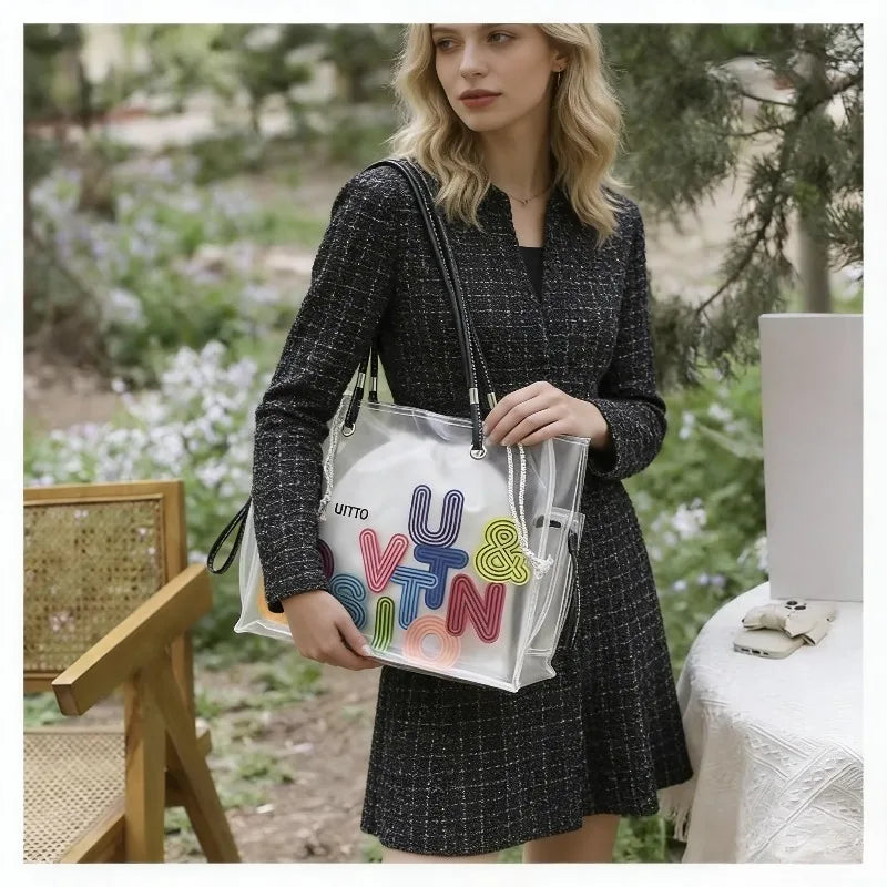 New FashionTransparent Tote Bag for Women Large Capacity Jelly Shoulder Handbag Versatile Casual Crossbody Bag for Spring Summer
