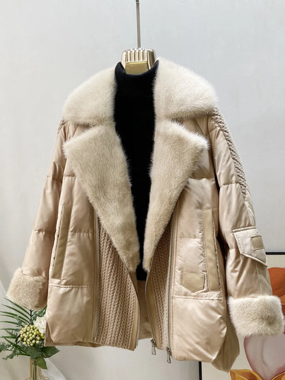 OFTBUY Fashion Autumn Winter Real Mink Fur Coat Women Natural White Goose Feather Down Jacket Luxury Outerwear Loose Streetwear