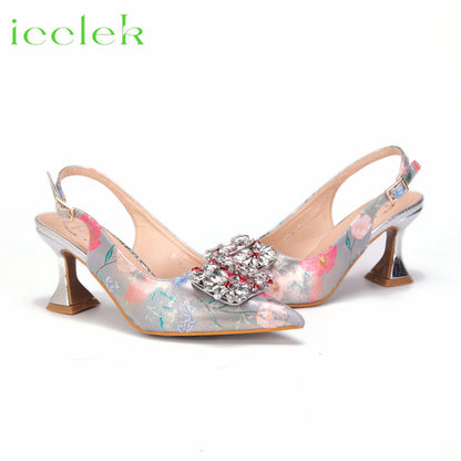 Newest Green Color Print Design High Heels Decorated with Water Rhinestone Party Women's Shoes and Bags Set