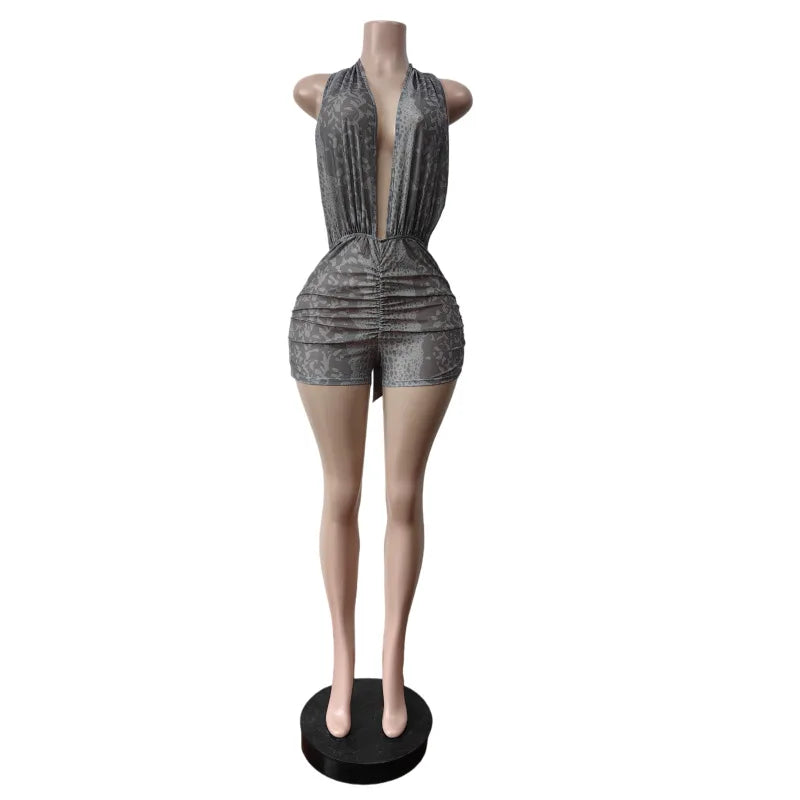 Summer Sexy Mesh Print Lace up Halter Backless Skinny Jumpsuits Women Baddies Streetwear Sleeveless Bodycon Club Party Romper