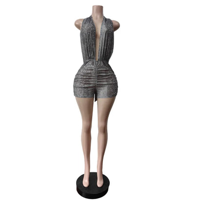 Summer Sexy Mesh Print Lace up Halter Backless Skinny Jumpsuits Women Baddies Streetwear Sleeveless Bodycon Club Party Romper