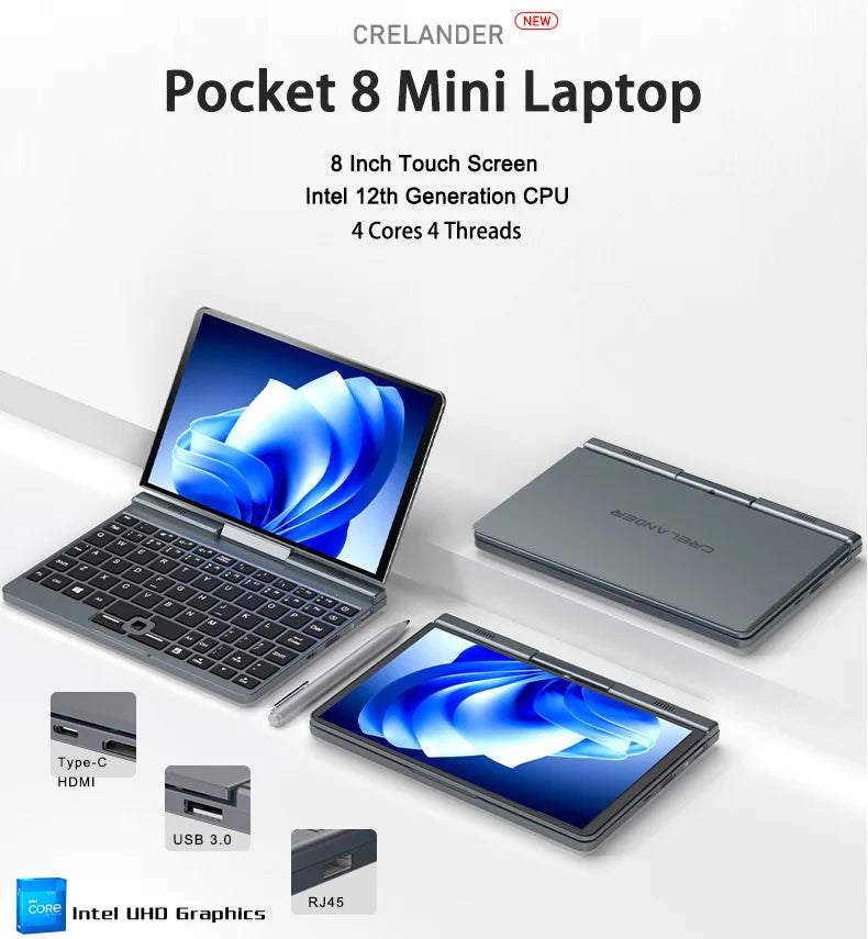 CRELANDER P8 8 Inch Mini Laptop Touchscreen Rotating 360 Degree Intel Alder N150 12GB WiFi6 Notebook Tablet PC Protable Laptops