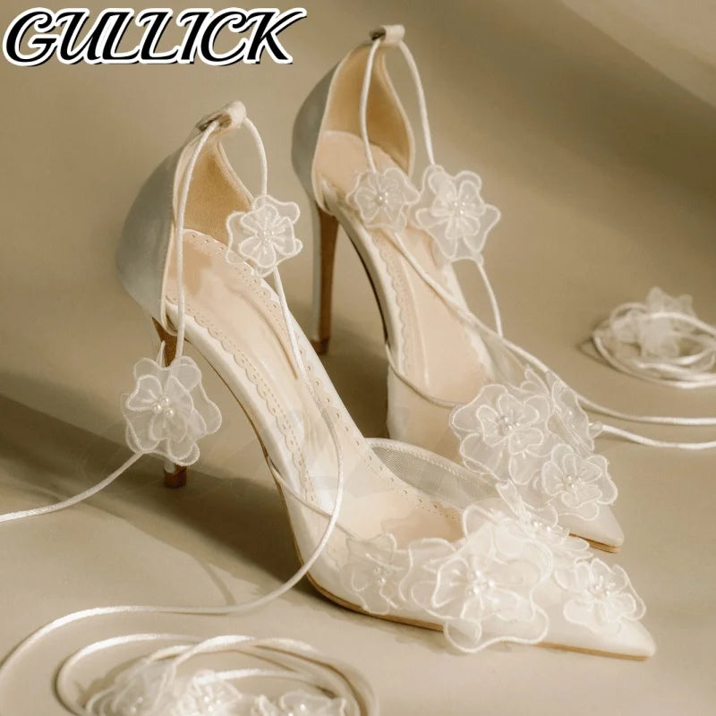 Bridal Blossom Air Mesh Heeled Sandals Shallow Lace Up Wedding Elegant High Heels Pointy Toe White Women Luxury Flower New Shoes