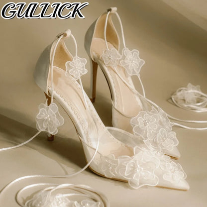 Bridal Blossom Air Mesh Heeled Sandals Shallow Lace Up Wedding Elegant High Heels Pointy Toe White Women Luxury Flower New Shoes