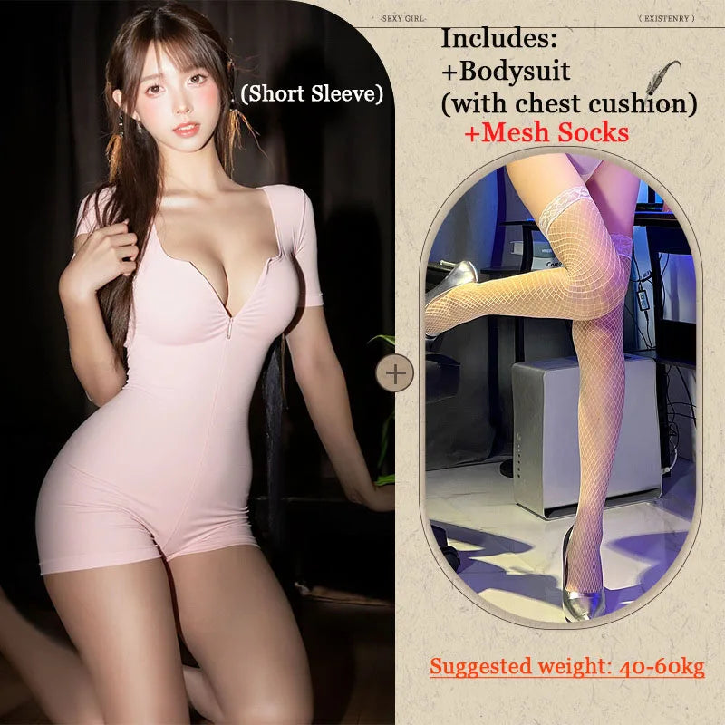 Sexy Short Yoga Open Crotch Bodysuit Long Sleeve Slim Fit Solid Color V-Neck Female Fitness Shorts Low-Cut Zipper Sportwears
