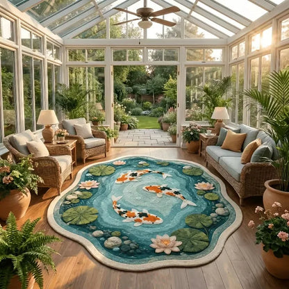 Lotus Pond Koi Fish Irregular Rug Art Pastoral Decor Living Room Carpet Bedroom Bedside Plush Rugs Soft Washable Floor Mat