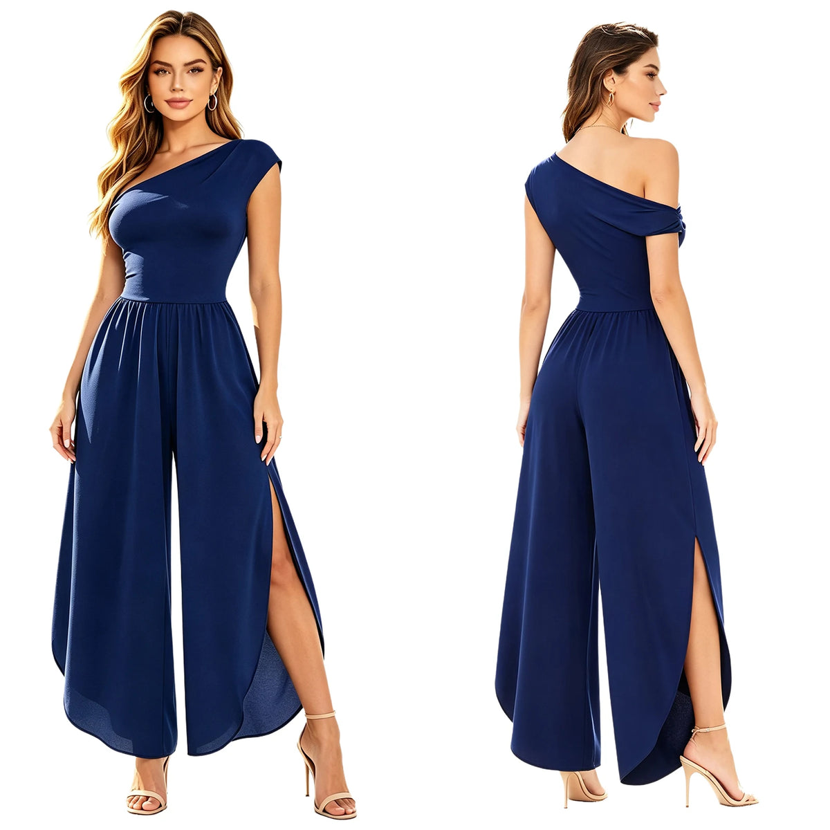 Women Elegant Chiffon Party Jumpsuit Off Shoulder Split Wide Leg Rompers with Pockets for Wedding Formal Party Evening Vacation