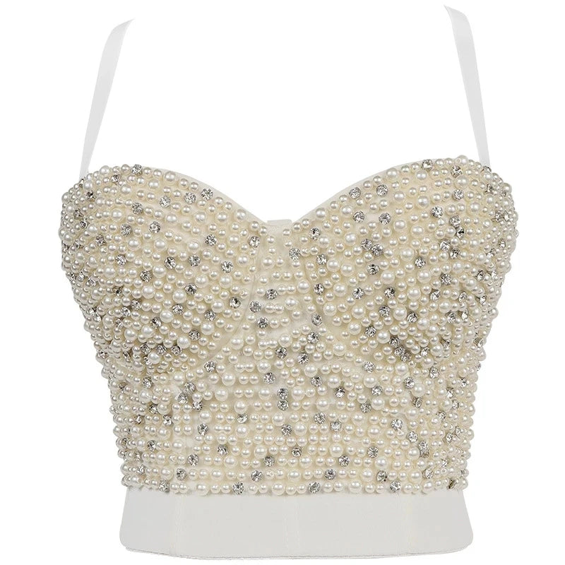 Quality Pearl Tank Tops Rhinestone Women Crop Top Club Clothes Streetwear Y2K Corset Woman Shaper Camis Fashion Feamale Clothing