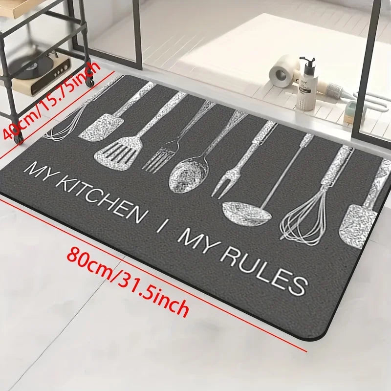 "My Kitchen My Rules" Kitchen Utensil Print Mat, Non-Slip Soft Absorbent Long Floor Rug for Cooking Lovers Home Decor