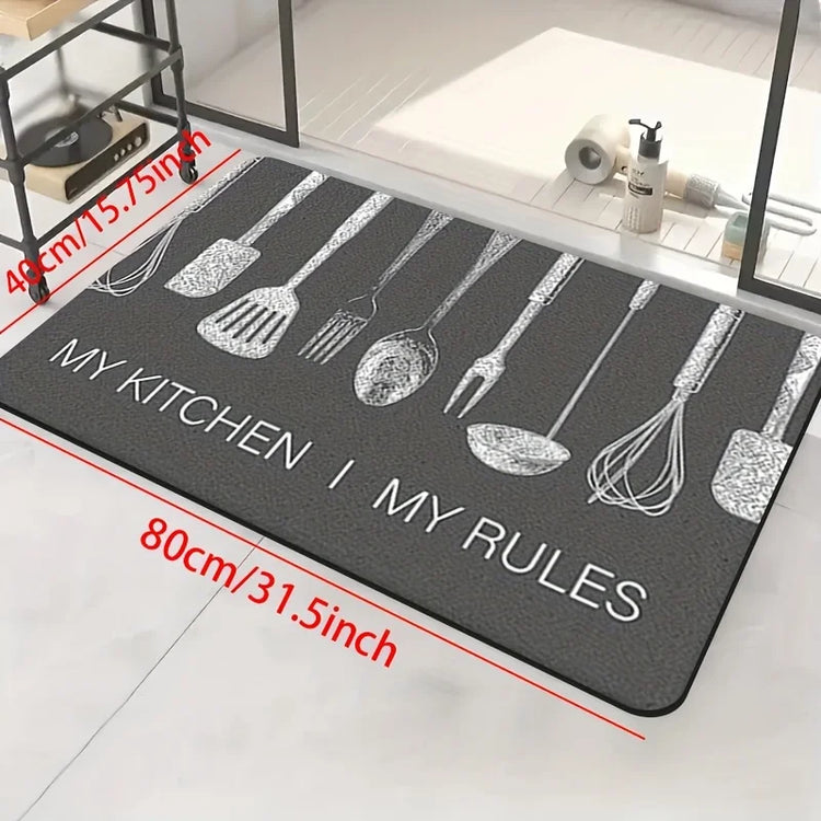 "My Kitchen My Rules" Kitchen Utensil Print Mat, Non-Slip Soft Absorbent Long Floor Rug for Cooking Lovers Home Decor