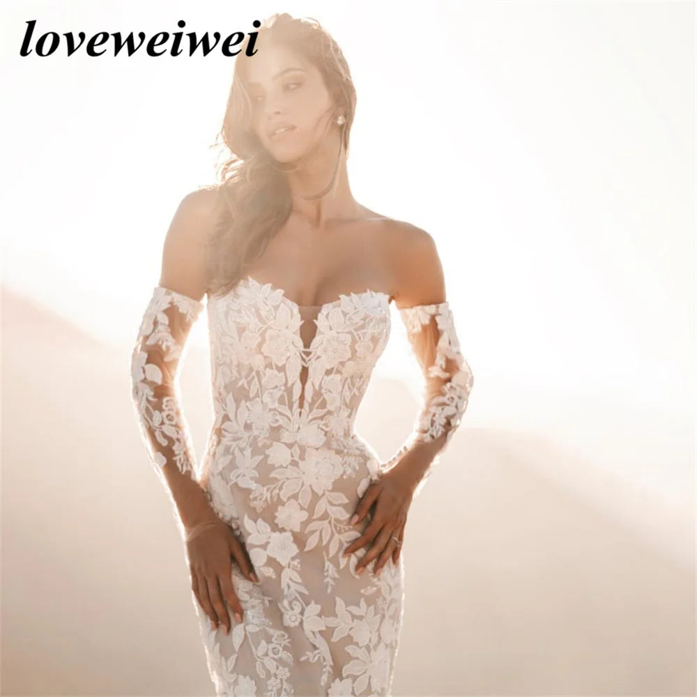 Boho Mermaid Wedding Dress For Women Modern Lace Applique Bridal Gowns Custom Made V Neckline Elegant Button Back Bride Dresses