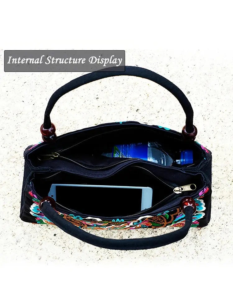 Stylish Floral Embroidered Handbag, Trendy Zipper Canvas Bag, Women's Fashion Purses