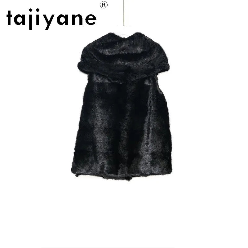 TAJIYANE Real Mink Fur Coat Veste Fourrure Femme Slim Fit Hooded Jackets for Woman Black Whole Mink Fur Vest Sleeveless Куртка
