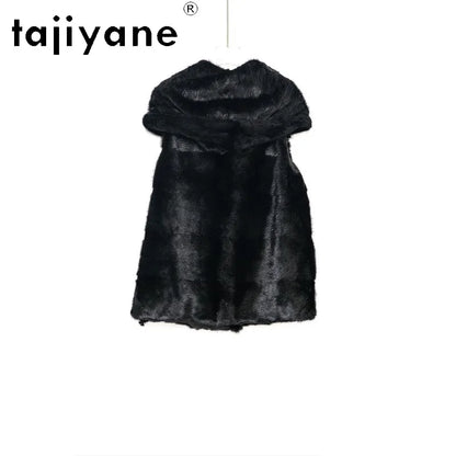 TAJIYANE Real Mink Fur Coat Veste Fourrure Femme Slim Fit Hooded Jackets for Woman Black Whole Mink Fur Vest Sleeveless Куртка