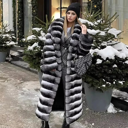 Best Selling Real Rex Rabbit Fur Coat Women Long Chinchilla Fur Coat Winter Women's Fur Jackets Brand Contrast Warm