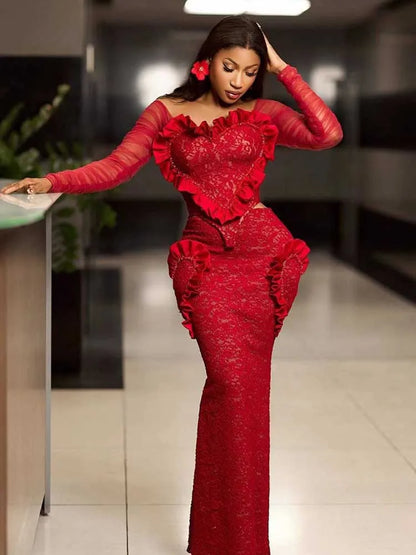 Elegant Women's Red Lace Dress Set Spring Off Shoulder Ruffled Design Long Sleeve Gown Sexy Bodycon Skirt and Top Set Two Pieces