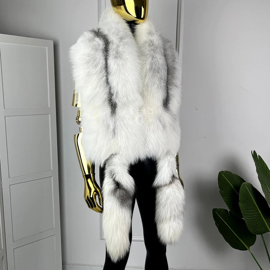 Winter Genuine Fox Fur Shawl With Tail Fur Shawl For Men Long Natural Cross Fox Fur Scarf High Quality Real Fur Scarf