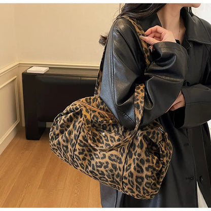 Trendy Leopard Print Canvas Shoulder Bag Large Capacity Fashion Tote Handle Bag for Daily Commute Versatile Texture Storage Bags