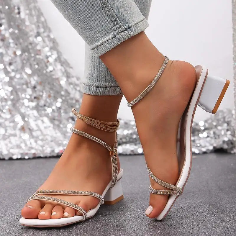 Elegant Square Toe Medium Heel Woman's Sandals Women Summer 2026 Luxury Rhinestore Strap Sandals Plus Size Woman Designer Shoes