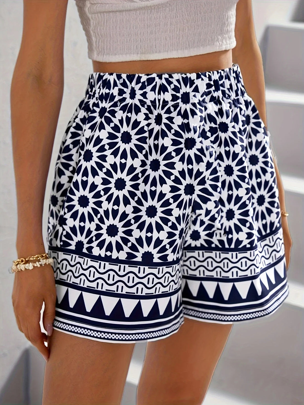 Women's Plus Size High Waist Geometric Print Elastic Waist Shorts Comfortable Casual Summer Shorts
