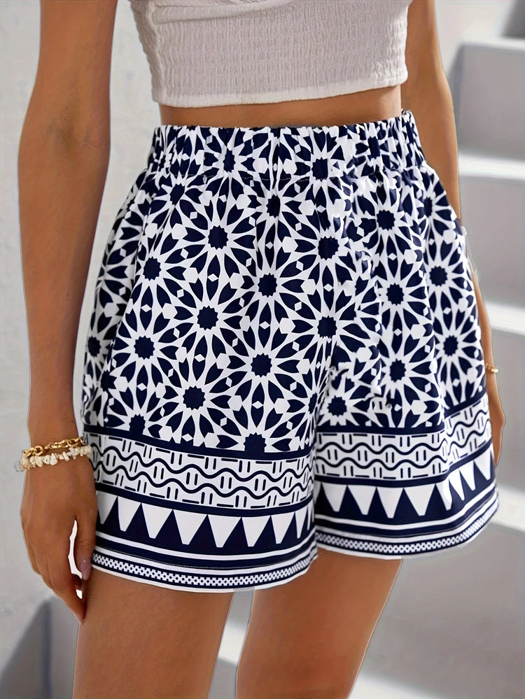Women's Plus Size High Waist Geometric Print Elastic Waist Shorts Comfortable Casual Summer Shorts
