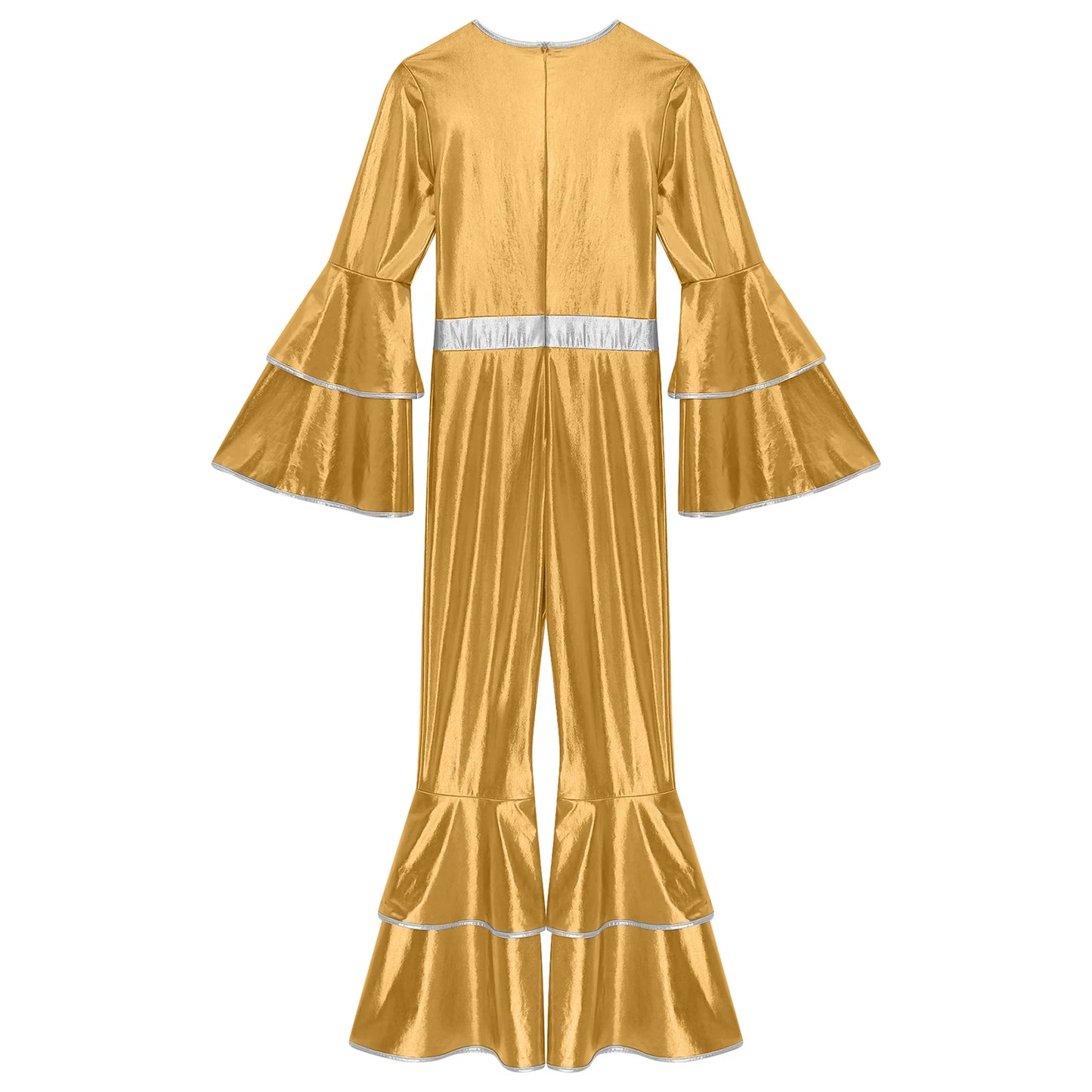 Womens 70S Disco Vintage Jumpsuit Metallic Shiny Flare Sleeve Bodysuit Hippie Bell Bottom Jazz Dance Carnival Rave Party Costume