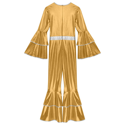 Womens 70S Disco Vintage Jumpsuit Metallic Shiny Flare Sleeve Bodysuit Hippie Bell Bottom Jazz Dance Carnival Rave Party Costume