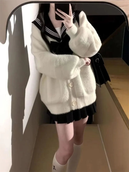 2025 New Japanese College Style Casual Loose Fitting Mink Fur Cardigan Jacket JK Trendy Skirt