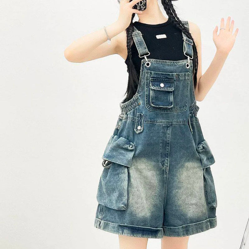Red Denim Overalls for Women Summer Adjustable Straps Loose Wide Leg Shorts Solid Color Casual Streetwear Short Rompers