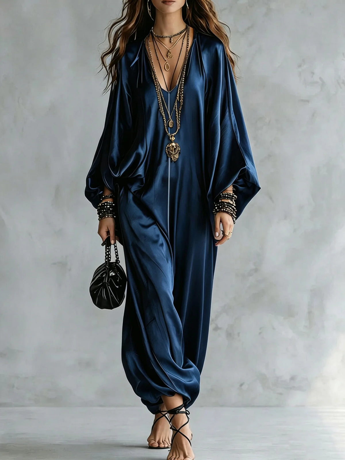 New Spring Autumn Solid V Neck Batwing Sleeve Loose Jumpsuit Women Fashion Satin Wide Leg Pants Jumpsuits Casual Holiday Rompers