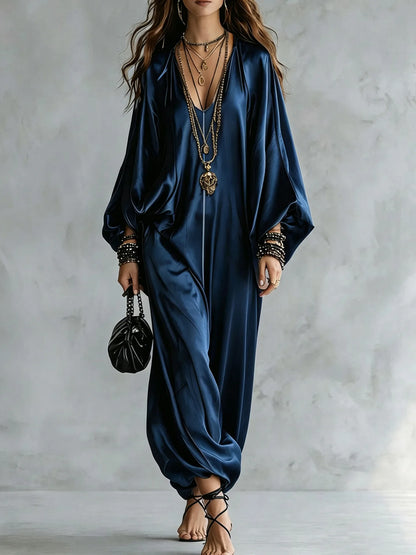 New Spring Autumn Solid V Neck Batwing Sleeve Loose Jumpsuit Women Fashion Satin Wide Leg Pants Jumpsuits Casual Holiday Rompers