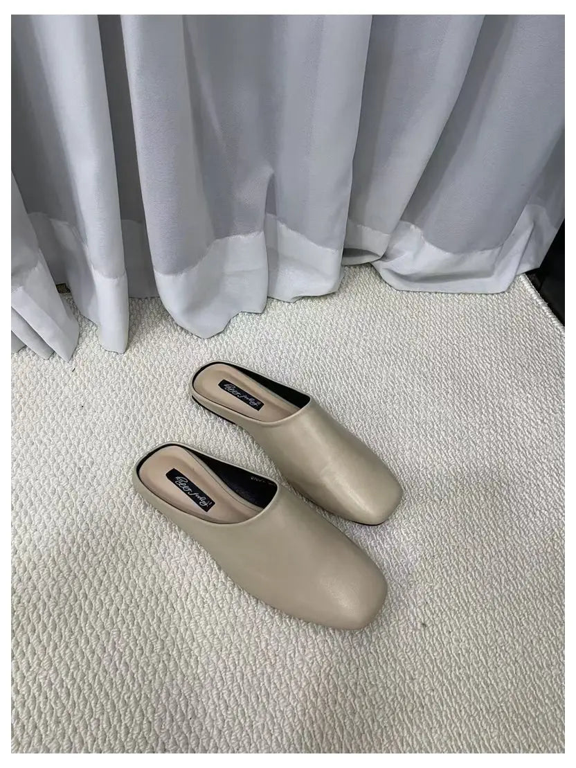 Fashion Square Toe Flat Slippers Women Casual Slip On Mule Luxury Brand Outsides Slides Elegant Pleated Ladies Shoes Sandal Flip