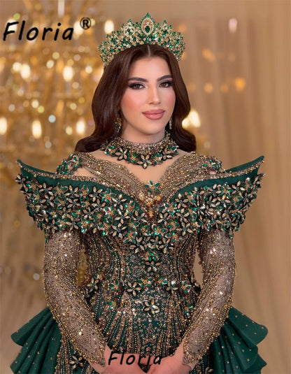 Luxo Muslim Woman Dark Green Evening Dress with Detachable Train Gold Beads Crystal Middle East Wedding Dresses Customized Prom