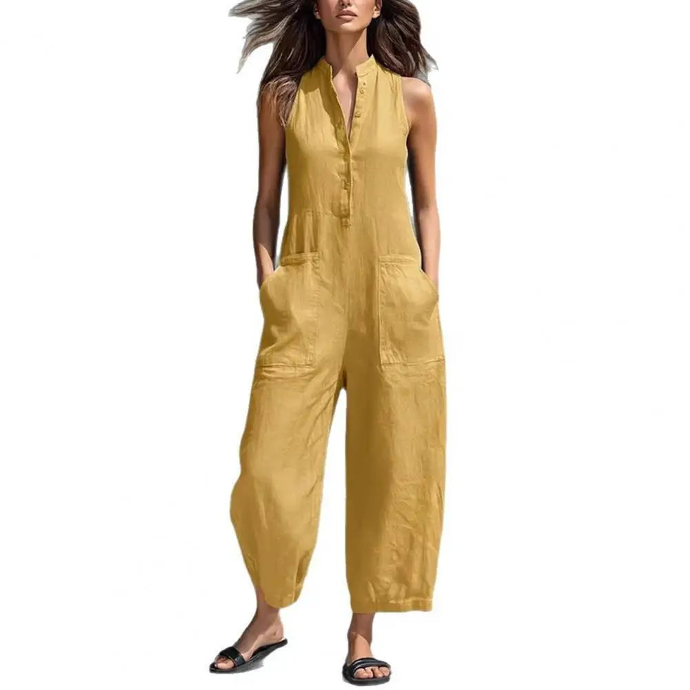 Cotton And Linen Jumpsuit Women Stand Collar Sleeveless Pocket High Waist Wide Legs Jumpsuits Casual Commuting Ladies Bodysuits