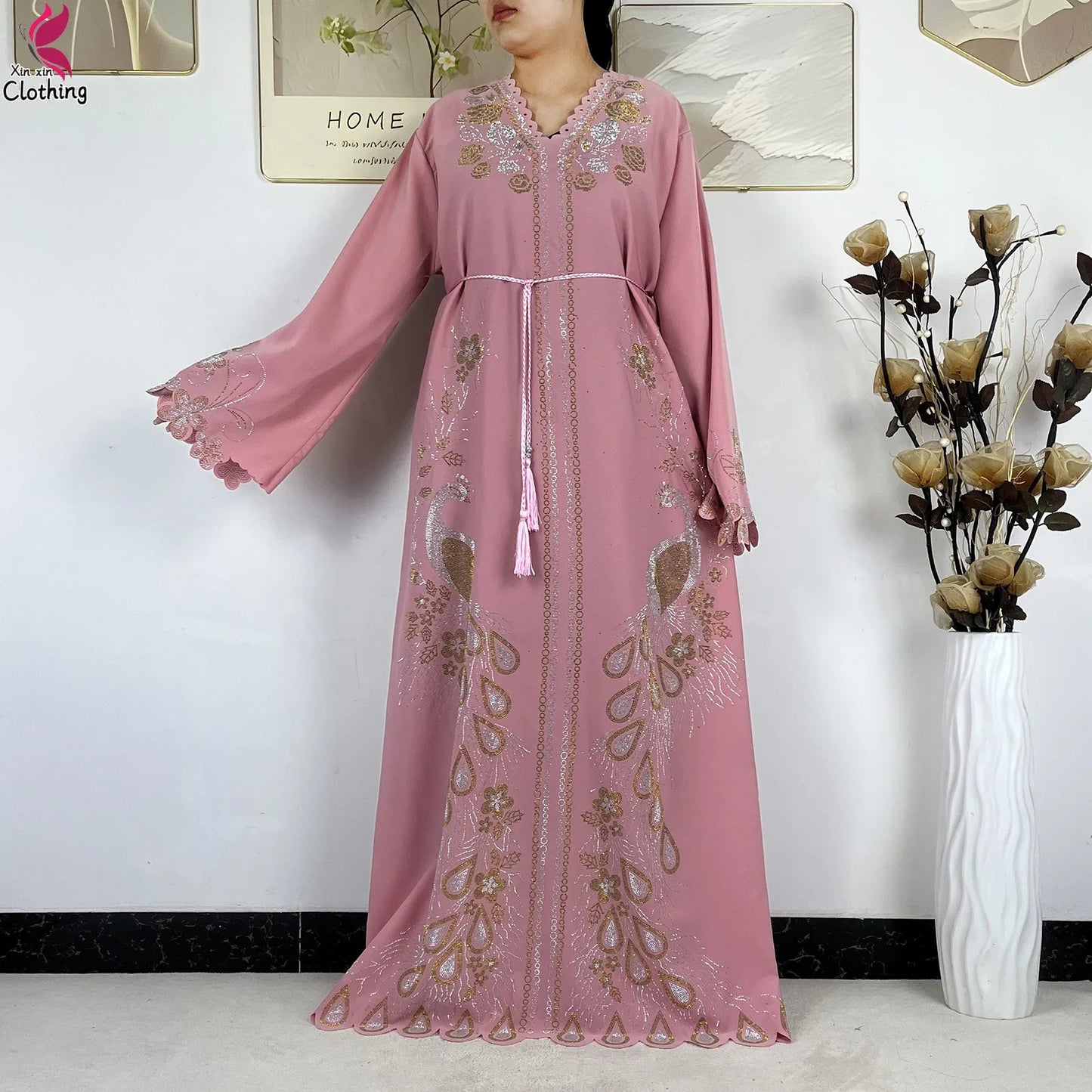 2026New Dubai Muslim Women Modest Dress Diamond Chiffon Elegant Arabic Femme Hijab African Abaya Islamic Long Sleeve Turkey Robe